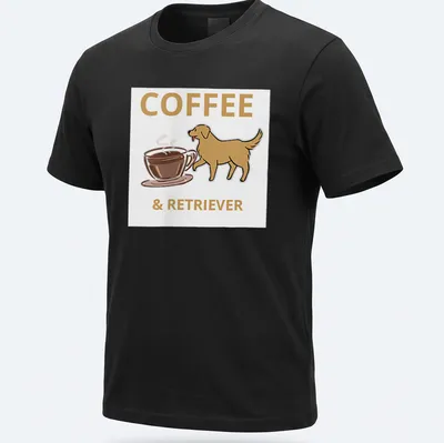 Playful illustration of a Golden Retriever next to the text 'COFFEE & RETRIEVER' in brown and gold