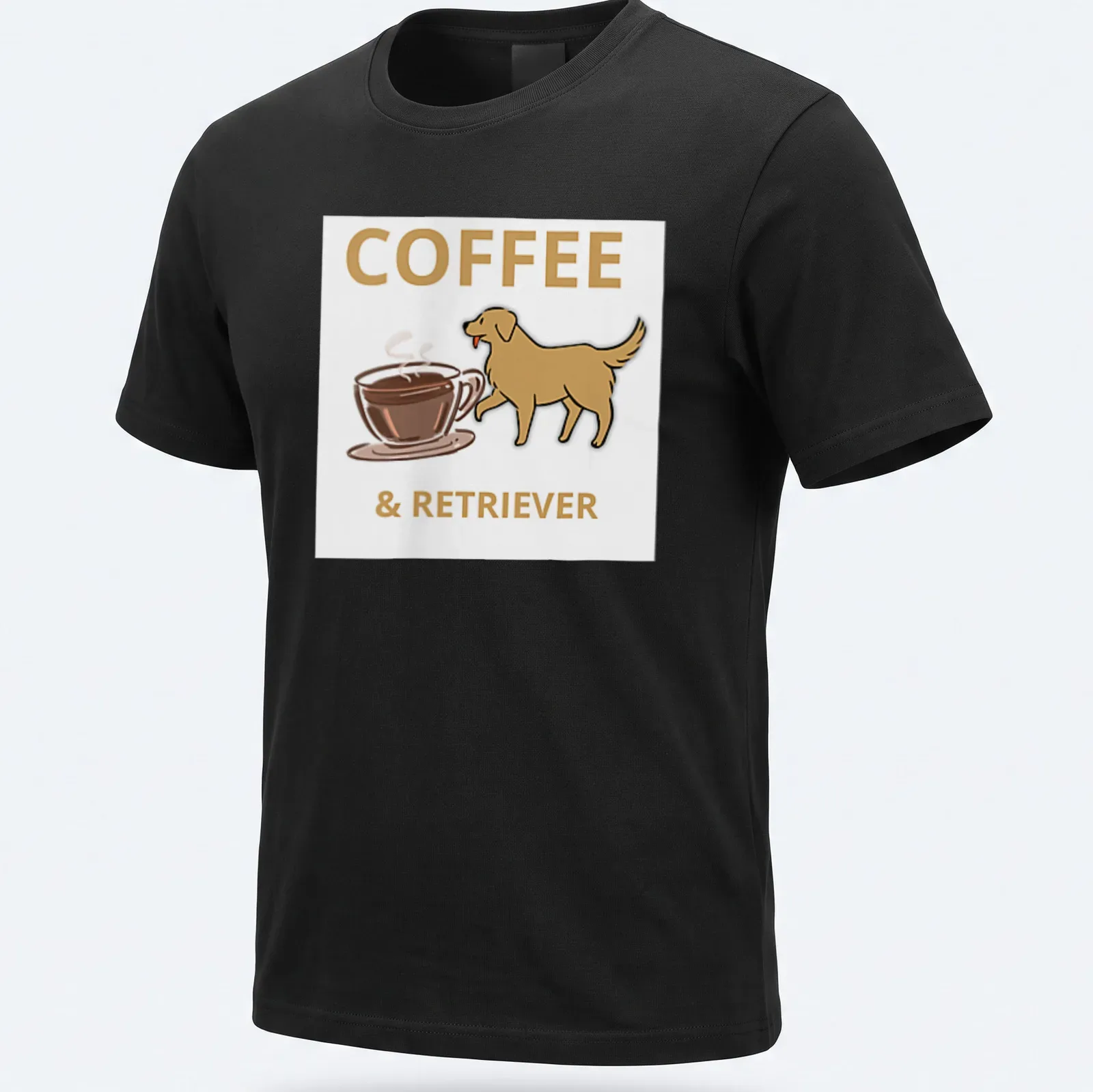 Playful illustration of a Golden Retriever next to the text 'COFFEE & RETRIEVER' in brown and gold — printed on a unisex t-shirt