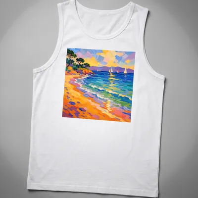 Impasto illustration of colorful sailboats on a vibrant Mediterranean beach. — printed on a tank top