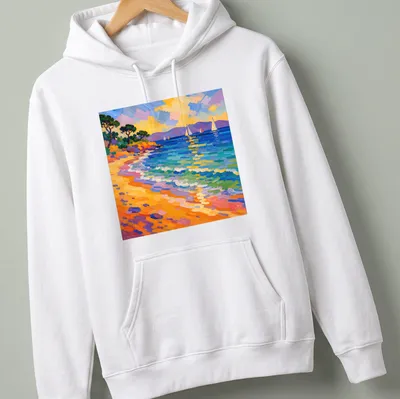 Impasto illustration of colorful sailboats on a vibrant Mediterranean beach. — printed on a unisex hoodie