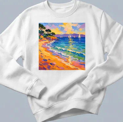 Impasto illustration of colorful sailboats on a vibrant Mediterranean beach. — printed on a unisex sweatshirt