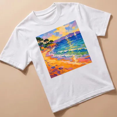 Impasto illustration of colorful sailboats on a vibrant Mediterranean beach. — printed on a unisex t-shirt