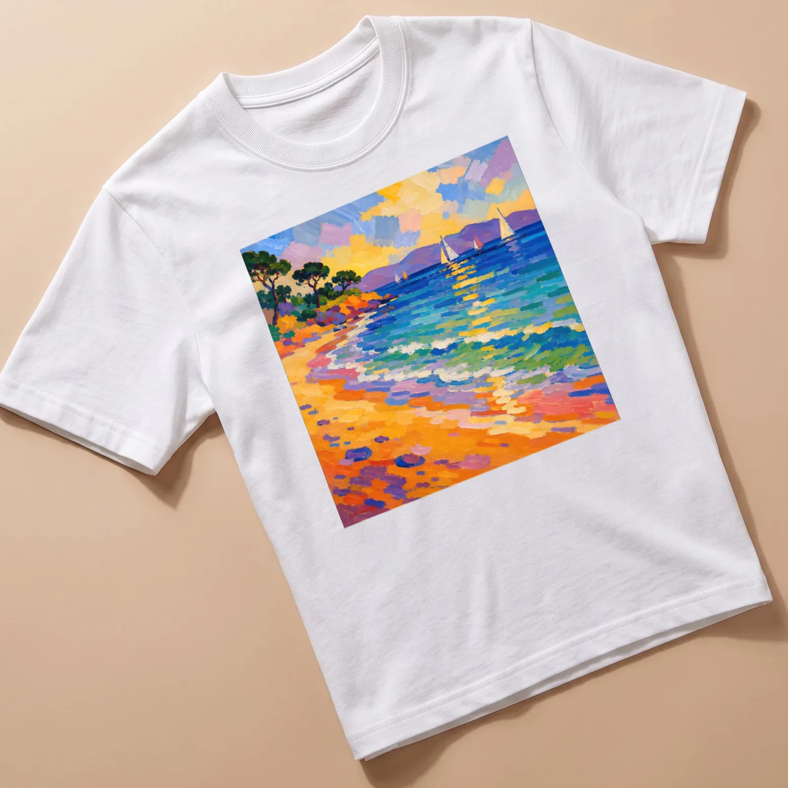 Impasto illustration of colorful sailboats on a vibrant Mediterranean beach. — printed on a unisex t-shirt