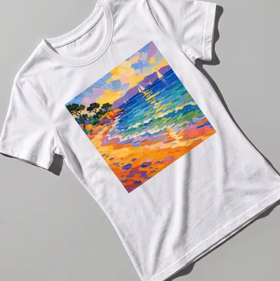 Impasto illustration of colorful sailboats on a vibrant Mediterranean beach. — printed on a women's shirt