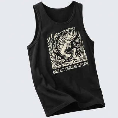 Illustration of a fish in sunglasses with text Coolest Catch in the Lake — printed on a tank top