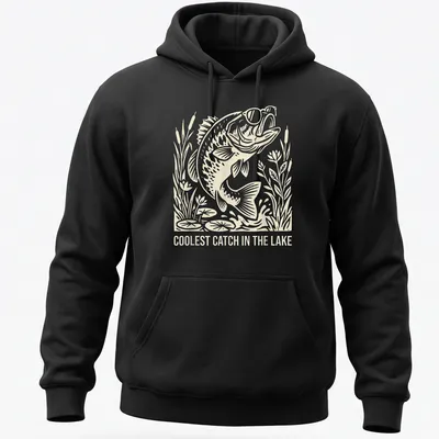Illustration of a fish in sunglasses with text Coolest Catch in the Lake — printed on a unisex hoodie