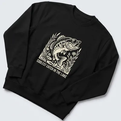 Illustration of a fish in sunglasses with text Coolest Catch in the Lake — printed on a unisex sweatshirt