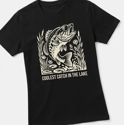 Illustration of a fish in sunglasses with text Coolest Catch in the Lake — printed on a women's shirt