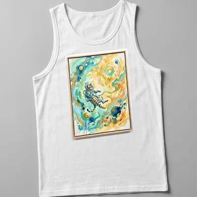 Watercolor print of a Bengal cat in an astronaut suit against a cosmic background — printed on a tank top