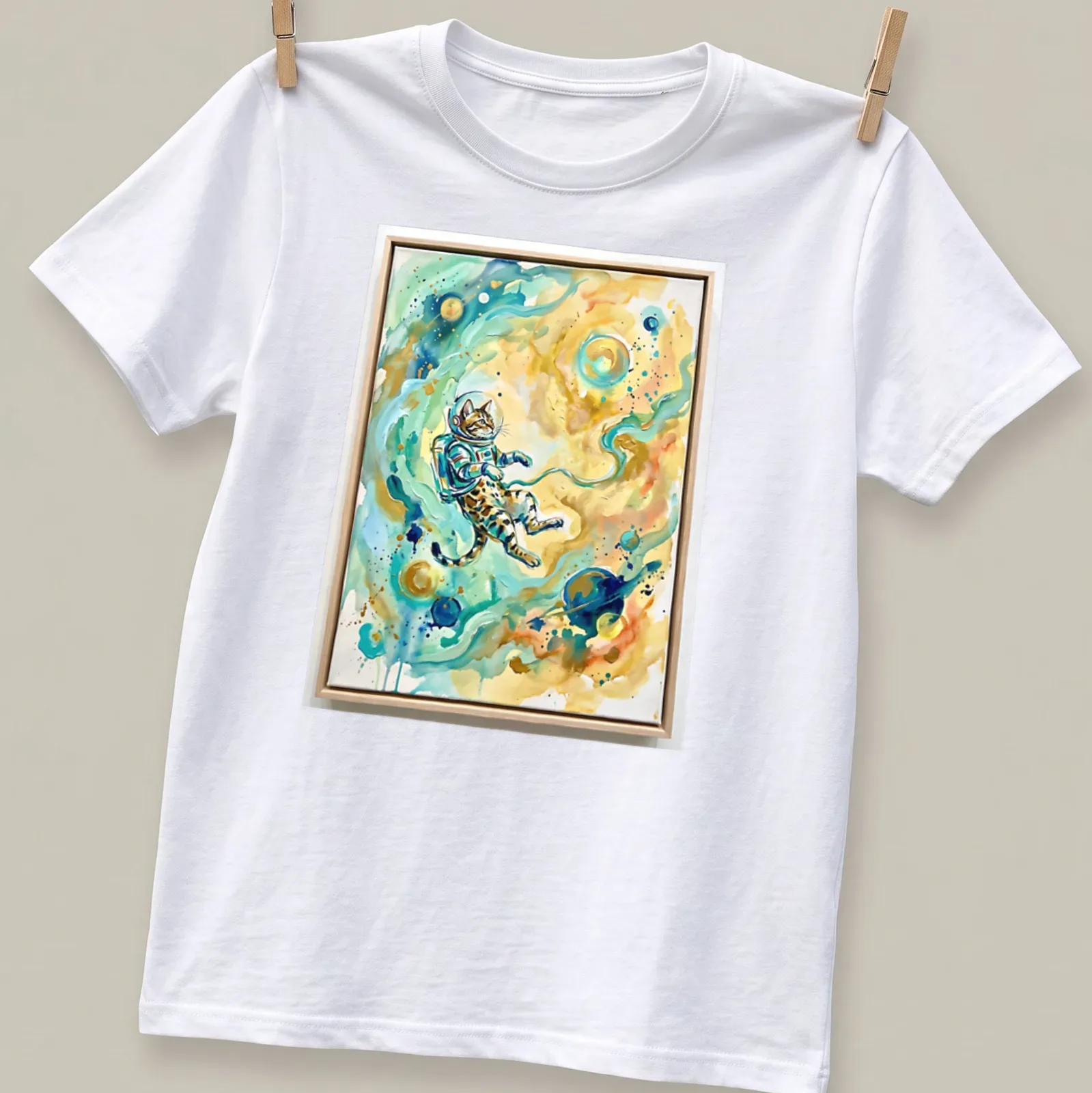 Watercolor print of a Bengal cat in an astronaut suit against a cosmic background — printed on a unisex t-shirt