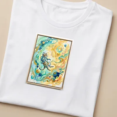 Watercolor print of a Bengal cat in an astronaut suit against a cosmic background — printed on a women's shirt