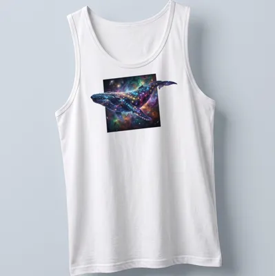 Cosmic art of a humpback whale swimming through a nebula in multiple colors — printed on a tank top