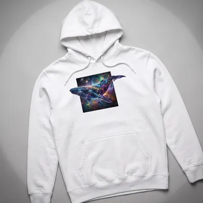 Cosmic art of a humpback whale swimming through a nebula in multiple colors — printed on a unisex hoodie