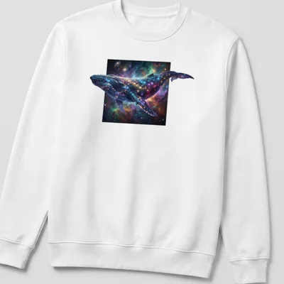 Cosmic art of a humpback whale swimming through a nebula in multiple colors — printed on a unisex sweatshirt
