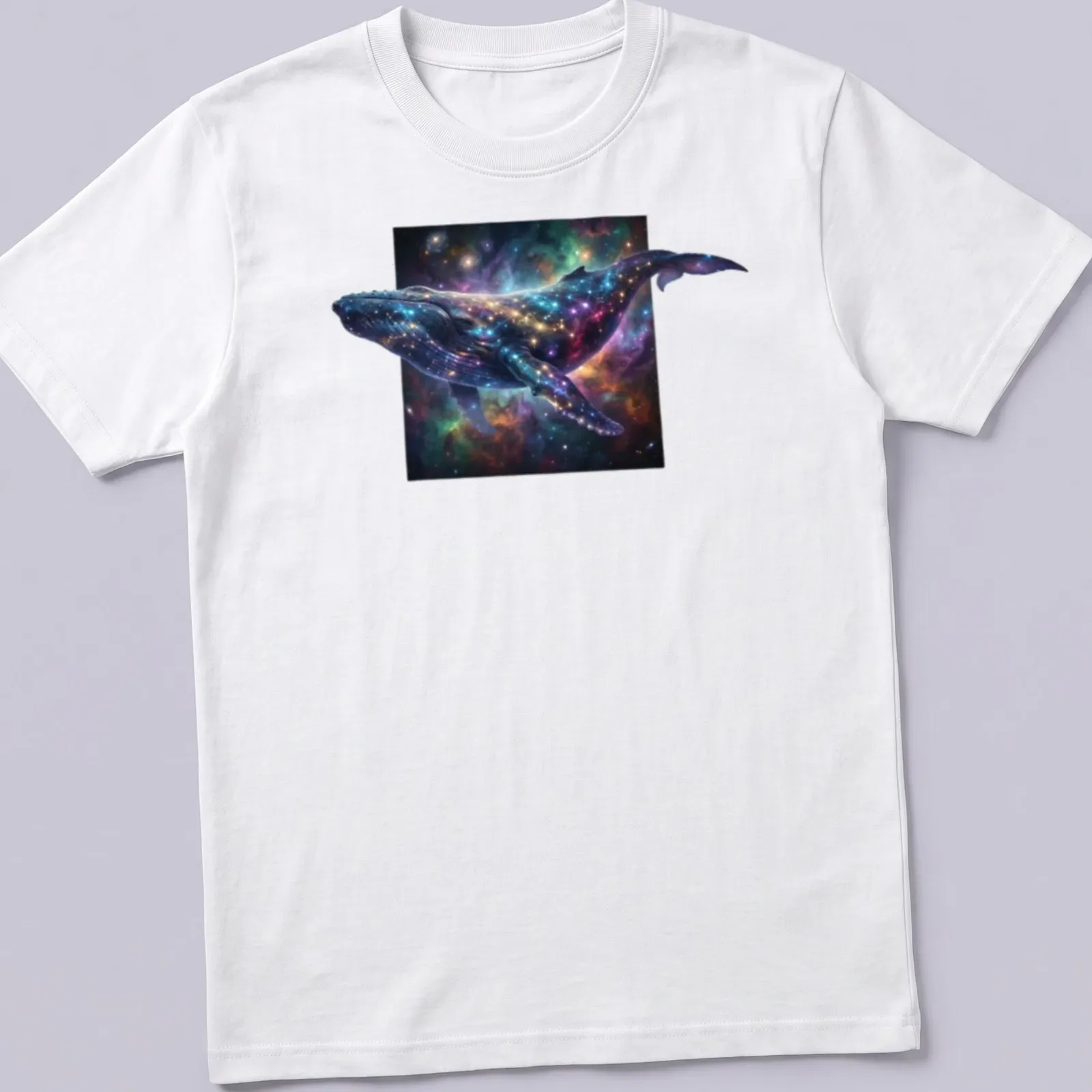 Cosmic art of a humpback whale swimming through a nebula in multiple colors — printed on a unisex t-shirt