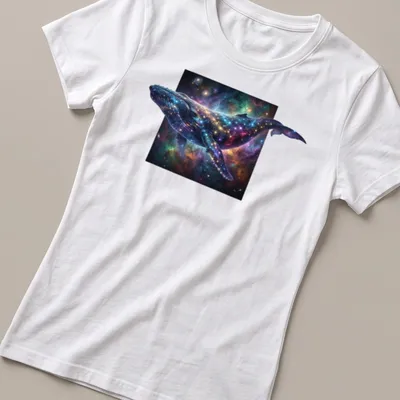 Cosmic art of a humpback whale swimming through a nebula in multiple colors — printed on a women's shirt