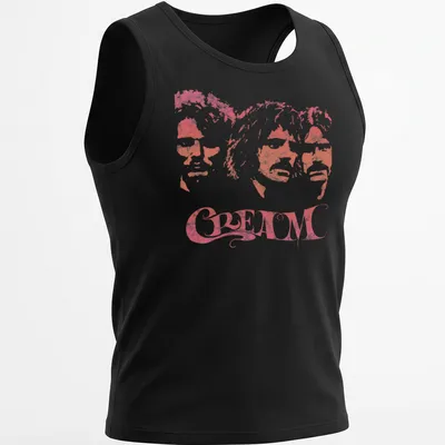 Three member portraits of the band CREAM in pink-tinted style — printed on a tank top