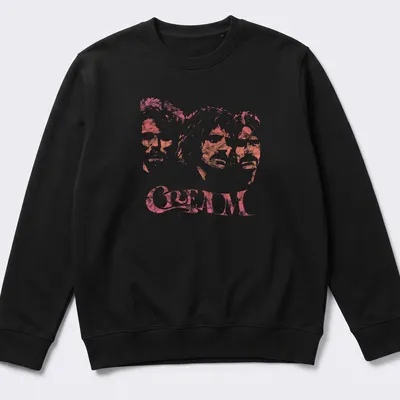 Three member portraits of the band CREAM in pink-tinted style — printed on a unisex sweatshirt