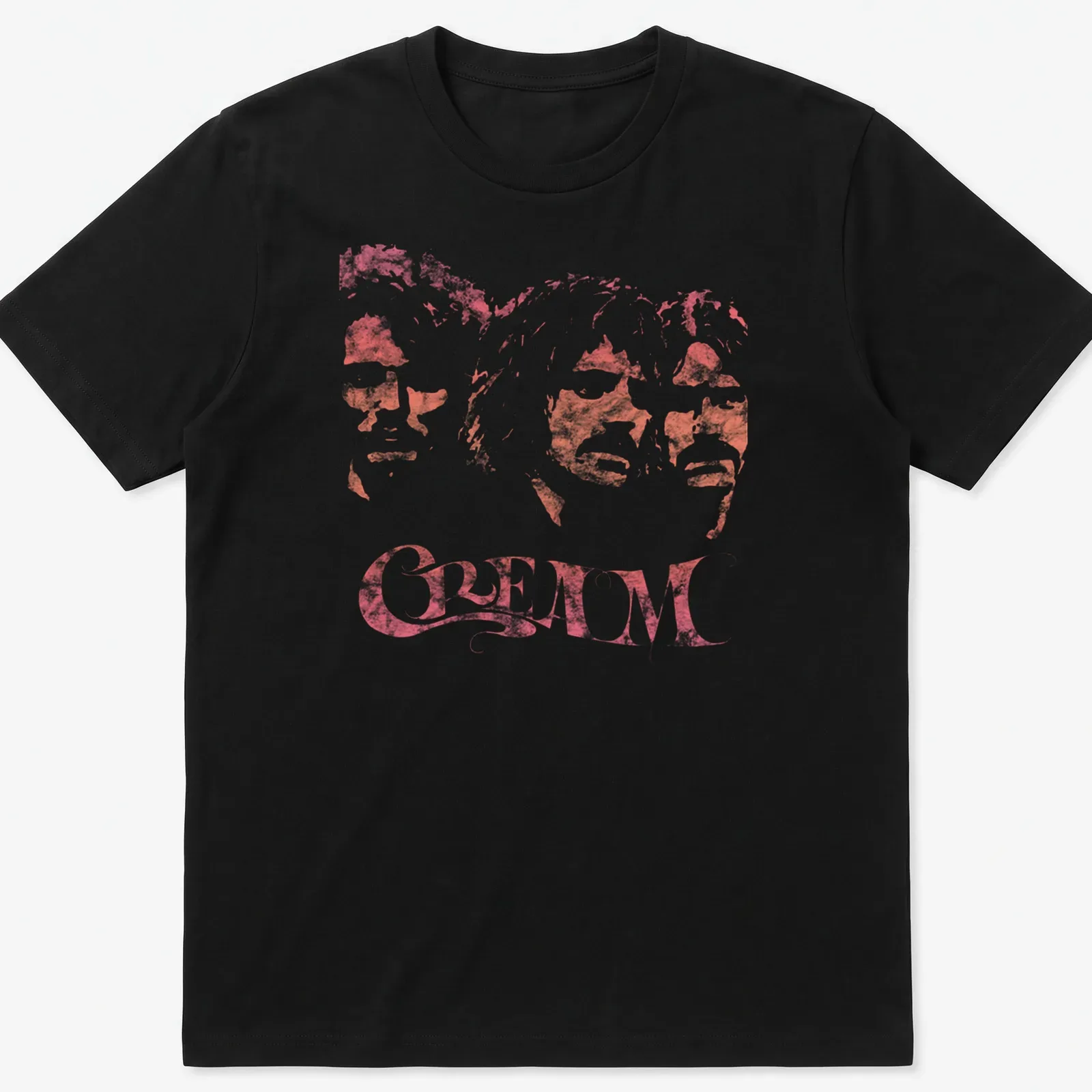 Three member portraits of the band CREAM in pink-tinted style — printed on a unisex t-shirt