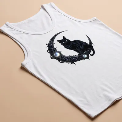 Gothic print of a black cat and crescent moon with elegant lettering — printed on a tank top