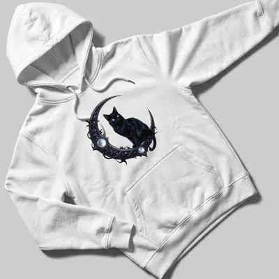 Gothic print of a black cat and crescent moon with elegant lettering — printed on a unisex hoodie