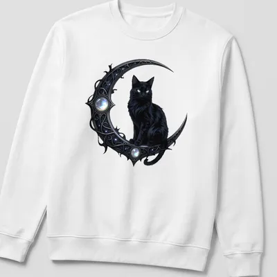 Gothic print of a black cat and crescent moon with elegant lettering — printed on a unisex sweatshirt