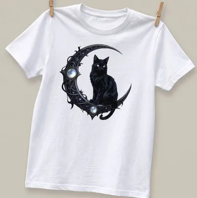 Gothic print of a black cat and crescent moon with elegant lettering — printed on a unisex t-shirt