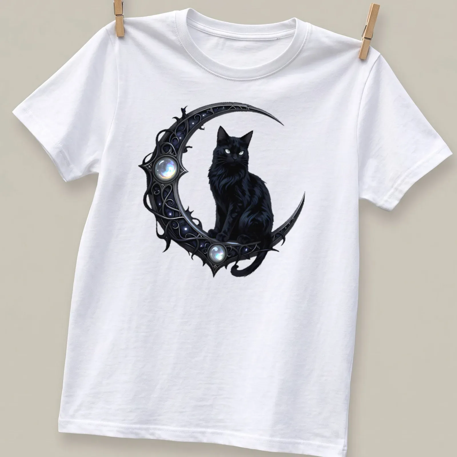 Gothic print of a black cat and crescent moon with elegant lettering — printed on a unisex t-shirt
