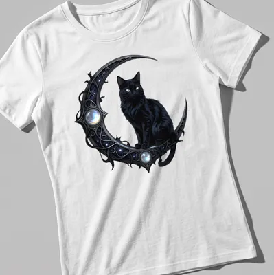 Gothic print of a black cat and crescent moon with elegant lettering — printed on a women's shirt