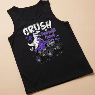 Cartoon T-Rex in a purple monster truck with a slogan about pancreatic cancer. — printed on a tank top