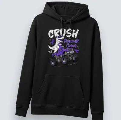 Cartoon T-Rex in a purple monster truck with a slogan about pancreatic cancer. — printed on a unisex hoodie