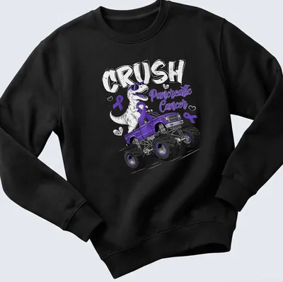 Cartoon T-Rex in a purple monster truck with a slogan about pancreatic cancer. — printed on a unisex sweatshirt