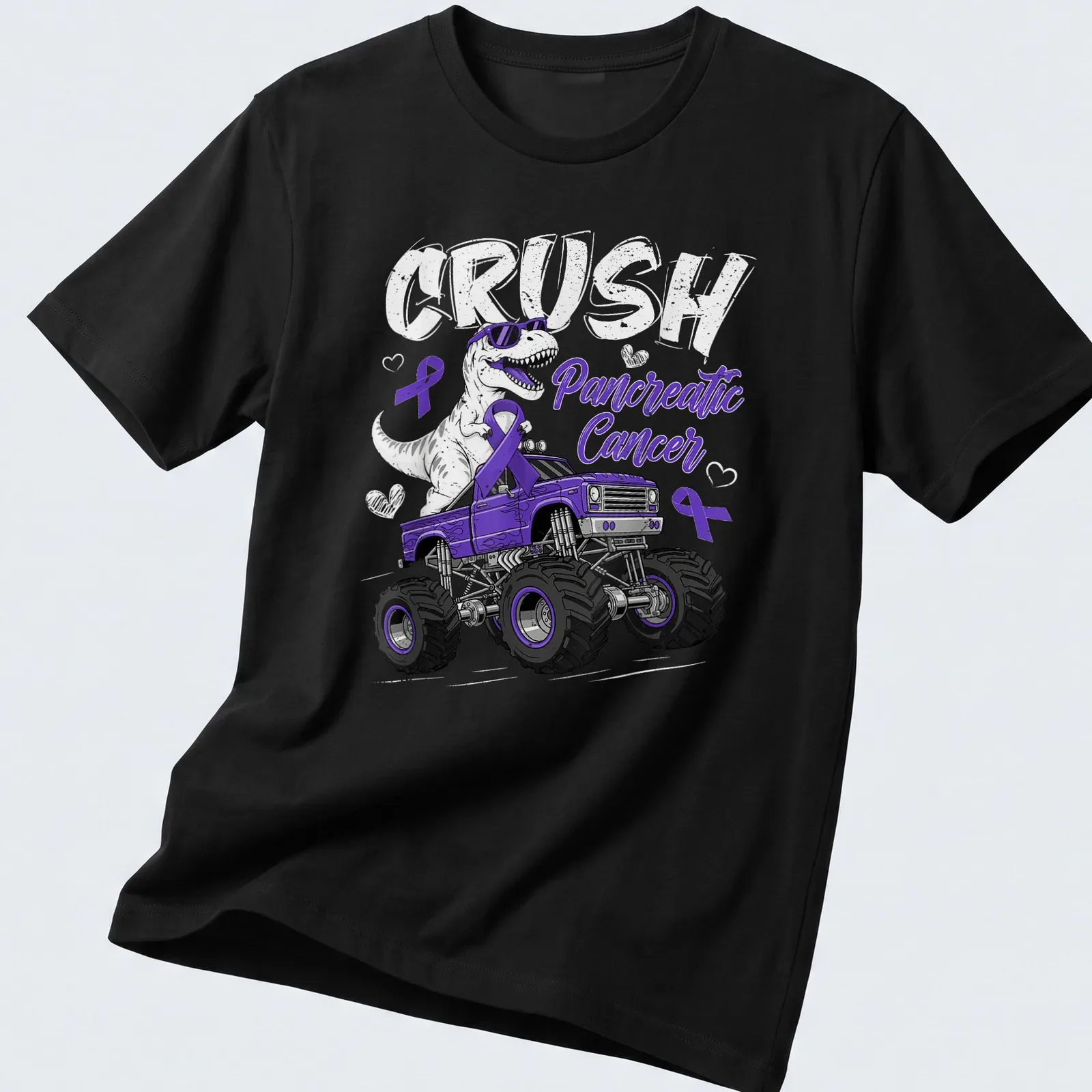 Cartoon T-Rex in a purple monster truck with a slogan about pancreatic cancer. — printed on a unisex t-shirt