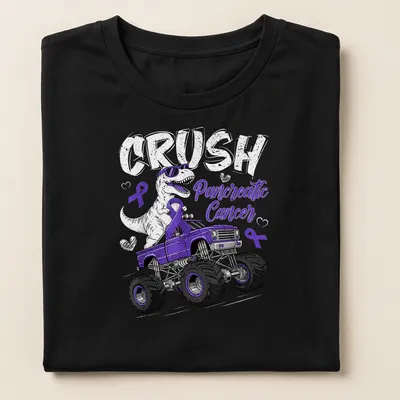 Cartoon T-Rex in a purple monster truck with a slogan about pancreatic cancer. — printed on a women's shirt
