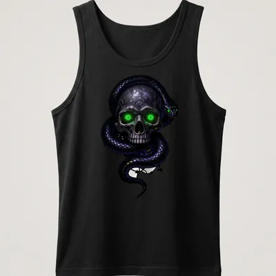Gothic T-shirt featuring an illustrated skull and snake in black, green, and purple — printed on a tank top