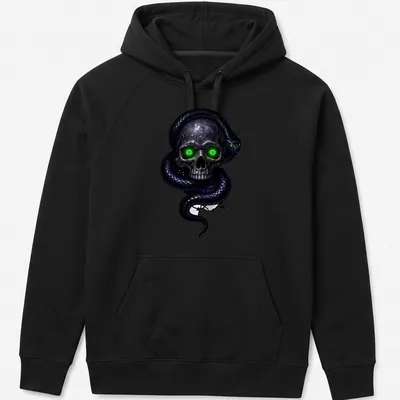 Gothic T-shirt featuring an illustrated skull and snake in black, green, and purple — printed on a unisex hoodie