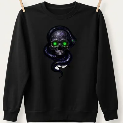 Gothic T-shirt featuring an illustrated skull and snake in black, green, and purple — printed on a unisex sweatshirt