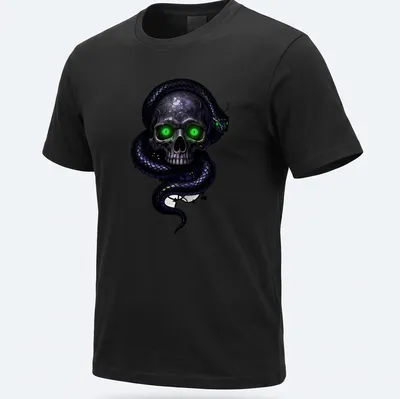 Gothic T-shirt featuring an illustrated skull and snake in black, green, and purple — printed on a unisex t-shirt