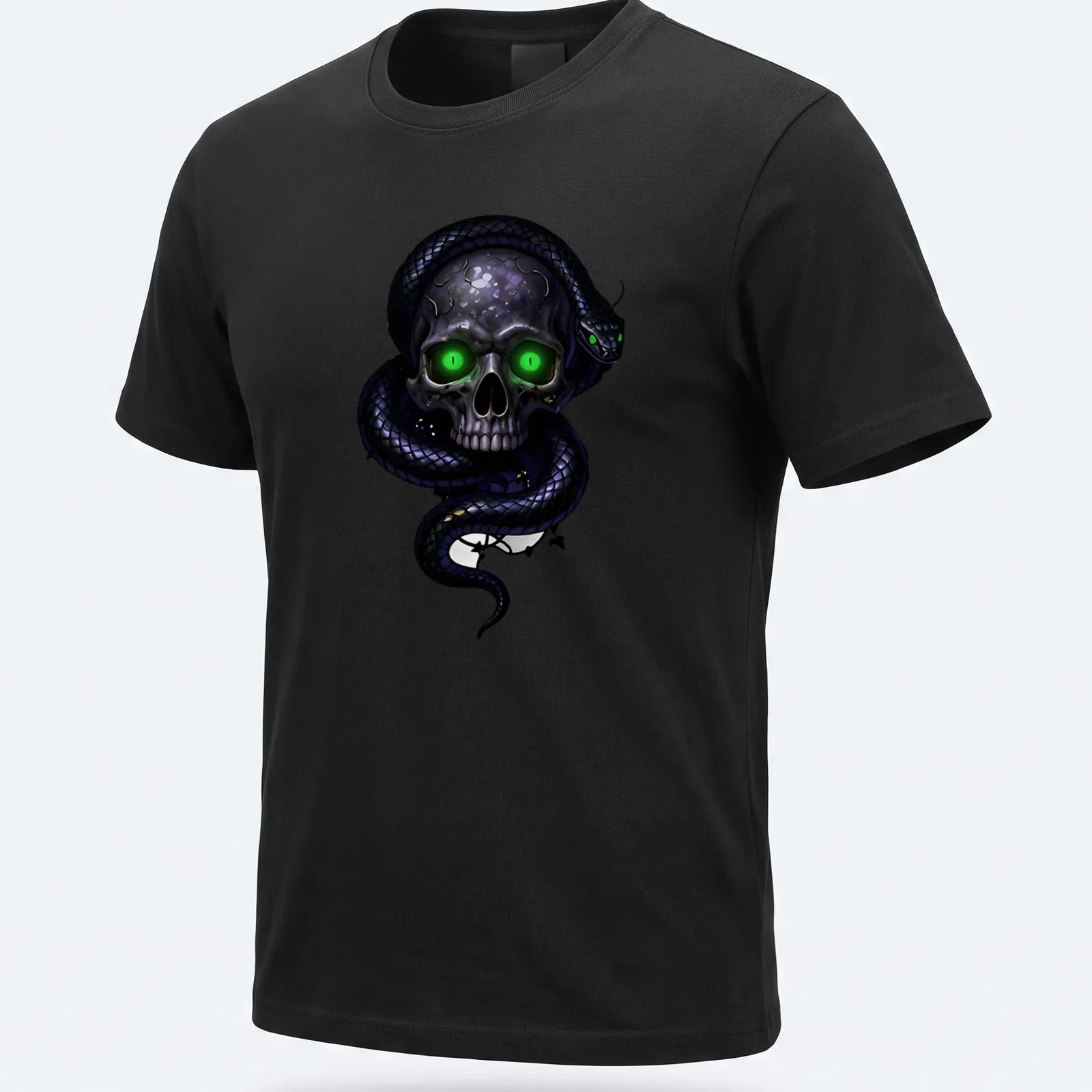 Gothic T-shirt featuring an illustrated skull and snake in black, green, and purple — printed on a unisex t-shirt