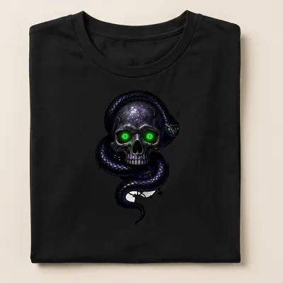 Gothic T-shirt featuring an illustrated skull and snake in black, green, and purple — printed on a women's shirt