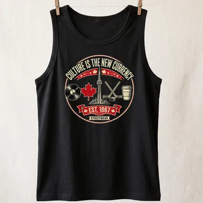 Vintage badge style Toronto Skyline design with music and hockey elements — printed on a tank top