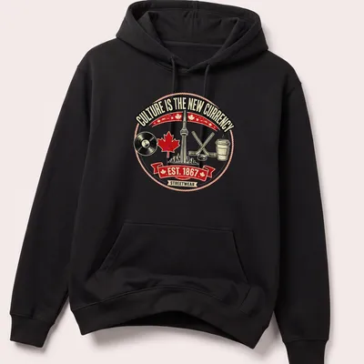 Vintage badge style Toronto Skyline design with music and hockey elements — printed on a unisex hoodie
