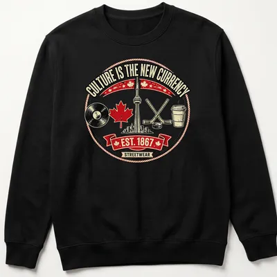 Vintage badge style Toronto Skyline design with music and hockey elements — printed on a unisex sweatshirt