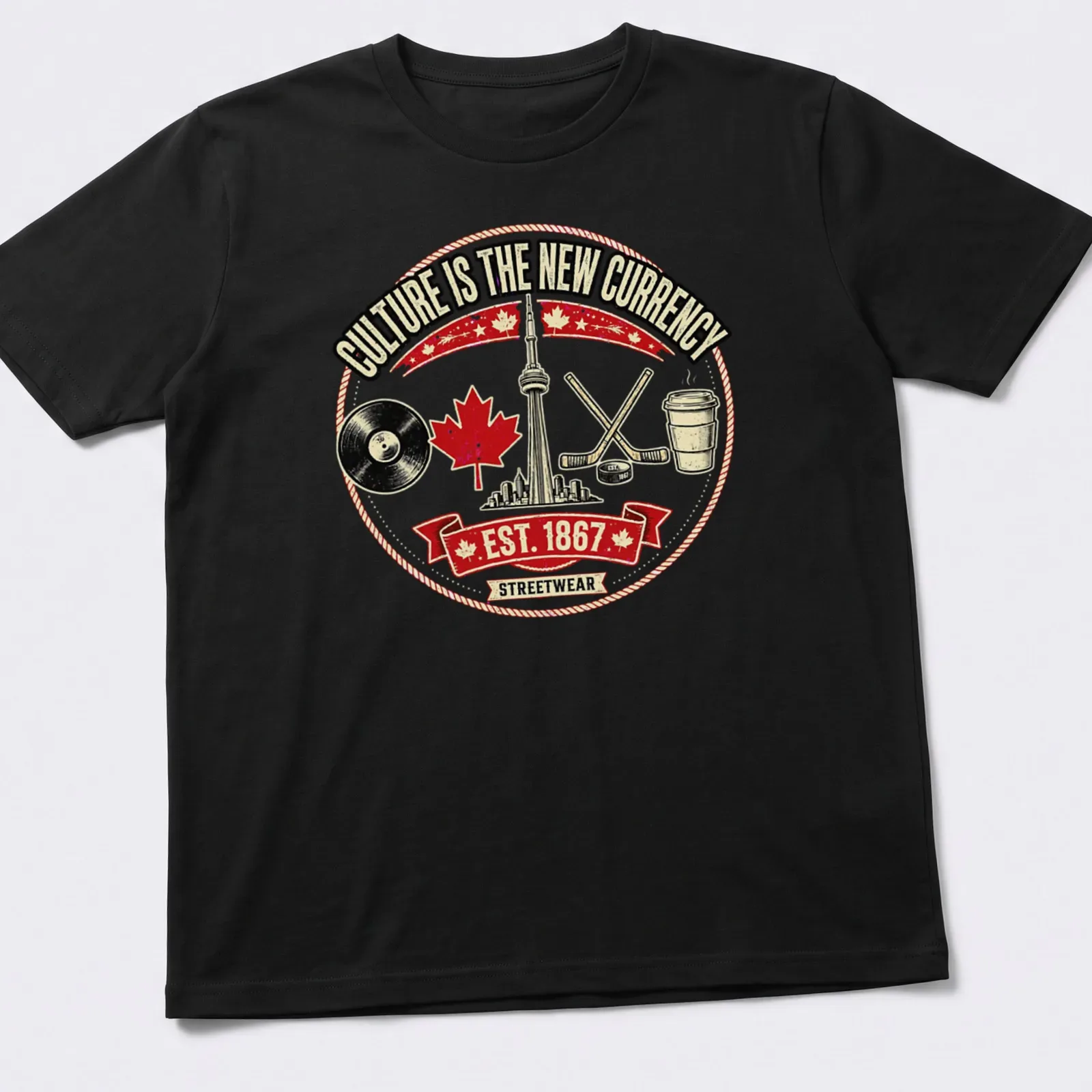 Vintage badge style Toronto Skyline design with music and hockey elements — printed on a unisex t-shirt