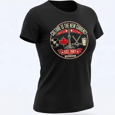 Vintage badge style Toronto Skyline design with music and hockey elements — printed on a women's shirt
