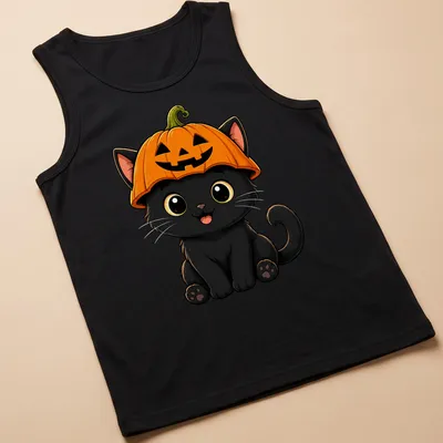 Kawaii black cat wearing a pumpkin hat, illustrated in bright colors — printed on a tank top