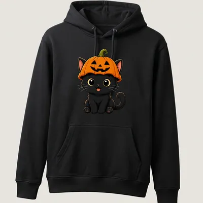 Kawaii black cat wearing a pumpkin hat, illustrated in bright colors — printed on a unisex hoodie