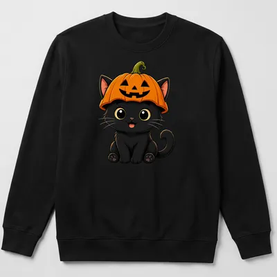 Kawaii black cat wearing a pumpkin hat, illustrated in bright colors — printed on a unisex sweatshirt