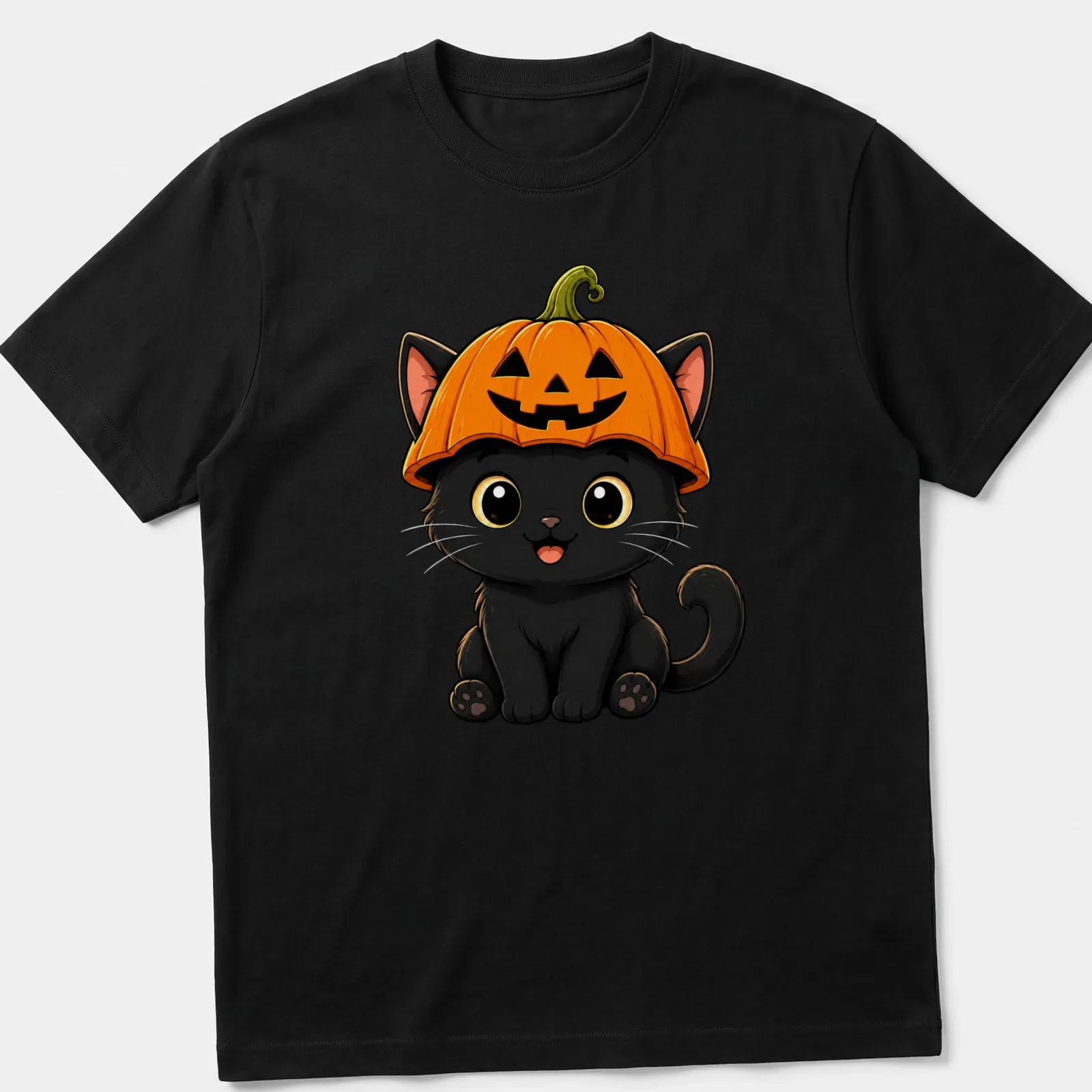 Kawaii black cat wearing a pumpkin hat, illustrated in bright colors — printed on a unisex t-shirt