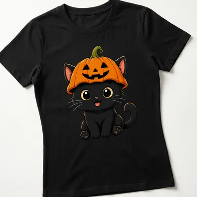 Kawaii black cat wearing a pumpkin hat, illustrated in bright colors — printed on a women's shirt